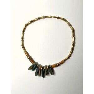 Chunky Gold Tone Bamboo Bead Necklace with Green & Brown Stone Fashion Jewelry